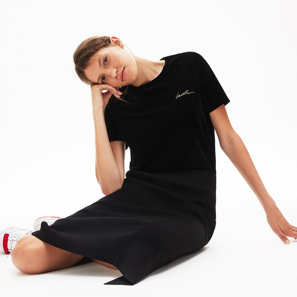 Wo LIVE Crewneck Golden Signature Velvet T-Shirt | Lacoste Womens