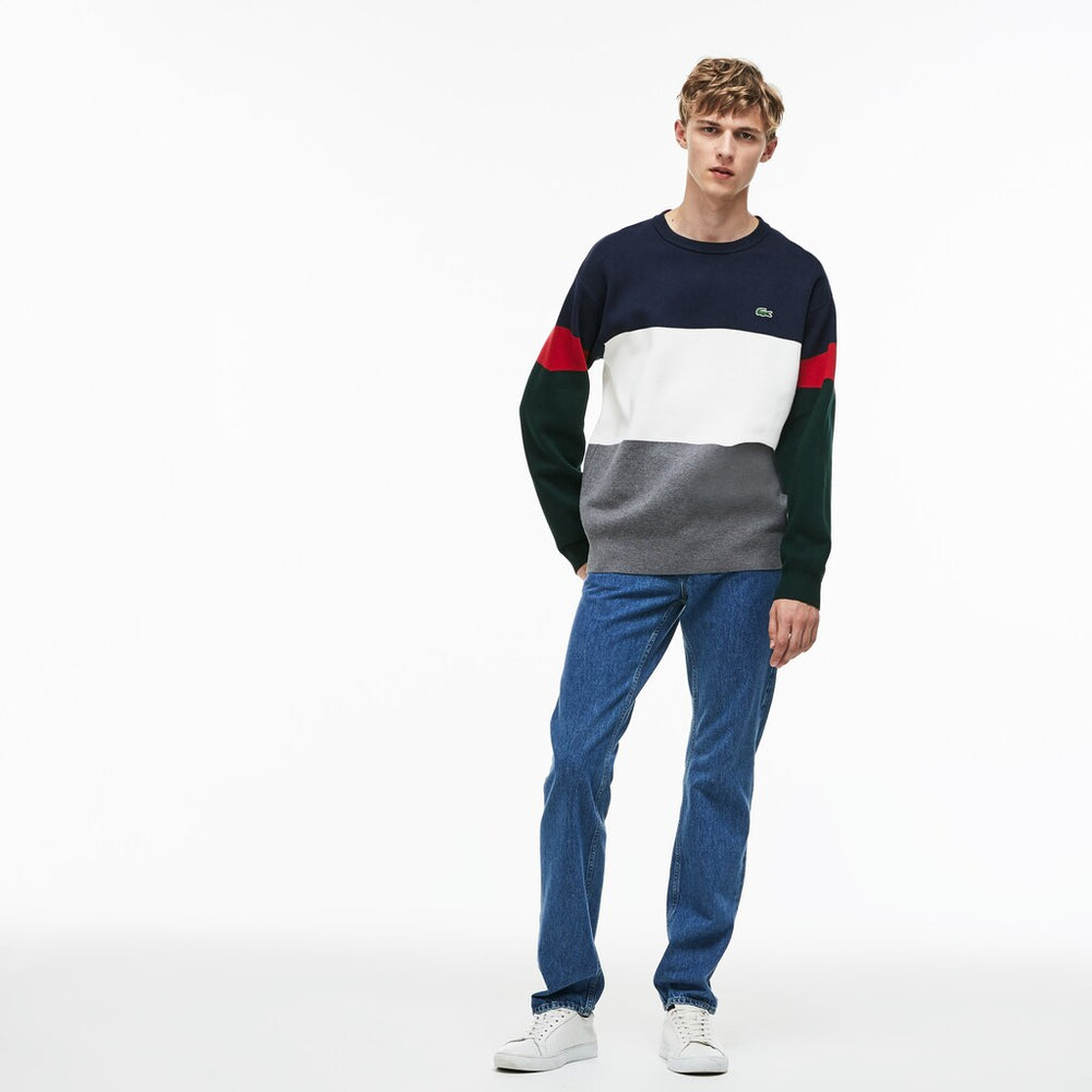 Crew Neck Colorblock Flat Ribbed Cotton Sweater | Lacoste Mens