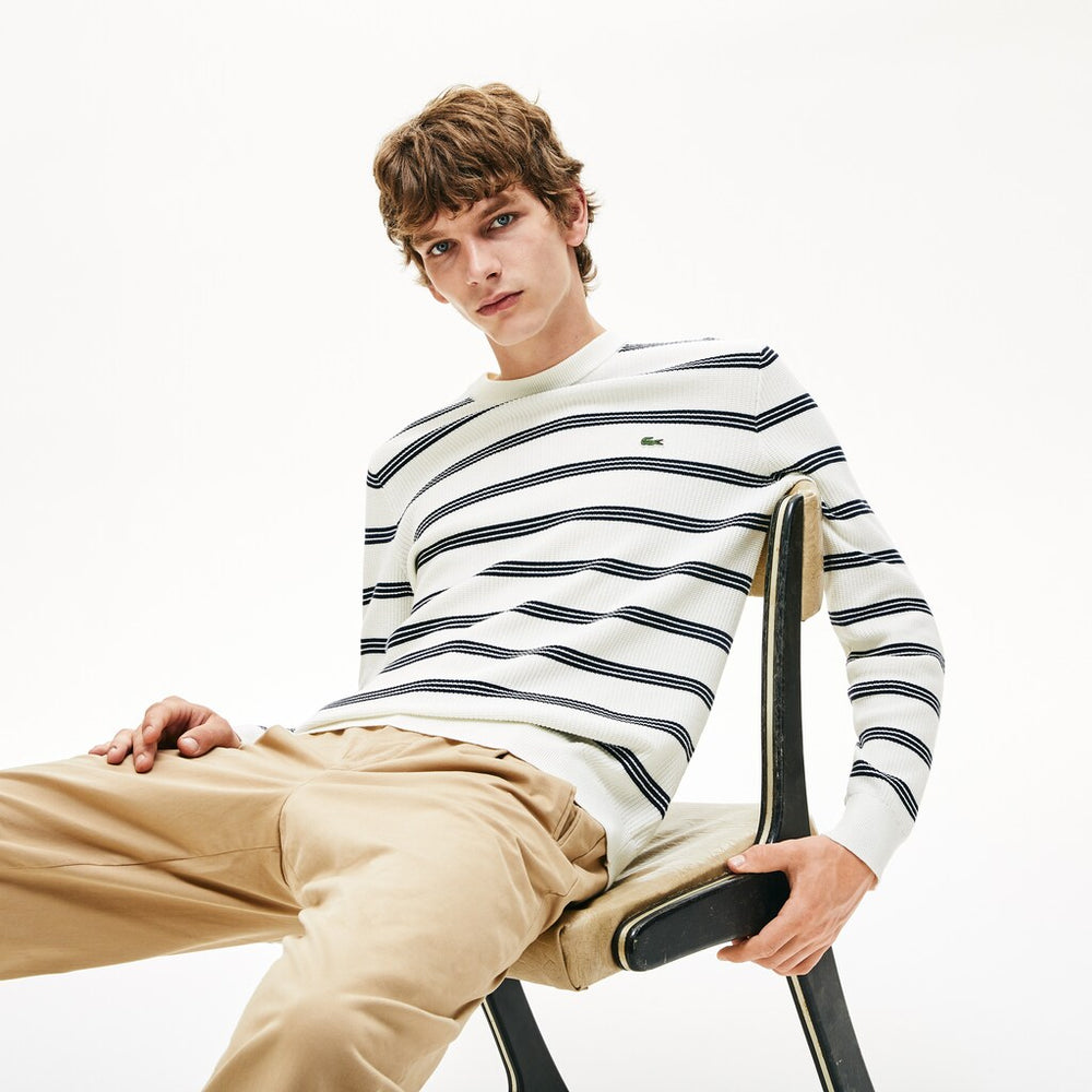 Crewneck Pinstriped Wool and Cotton Sweater | Lacoste Mens