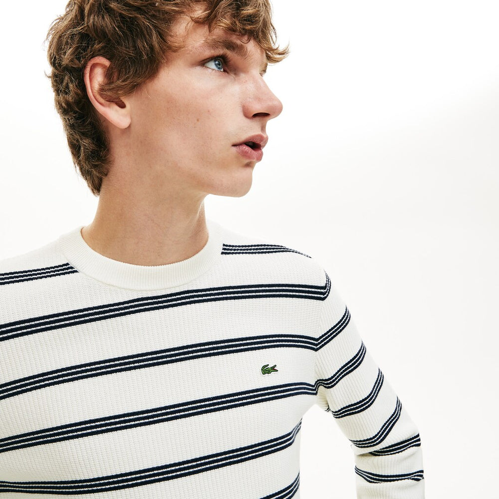 Crewneck Pinstriped Wool and Cotton Sweater | Lacoste Mens