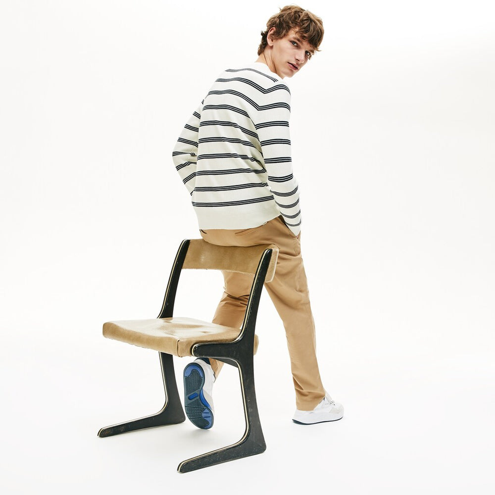 Crewneck Pinstriped Wool and Cotton Sweater | Lacoste Mens