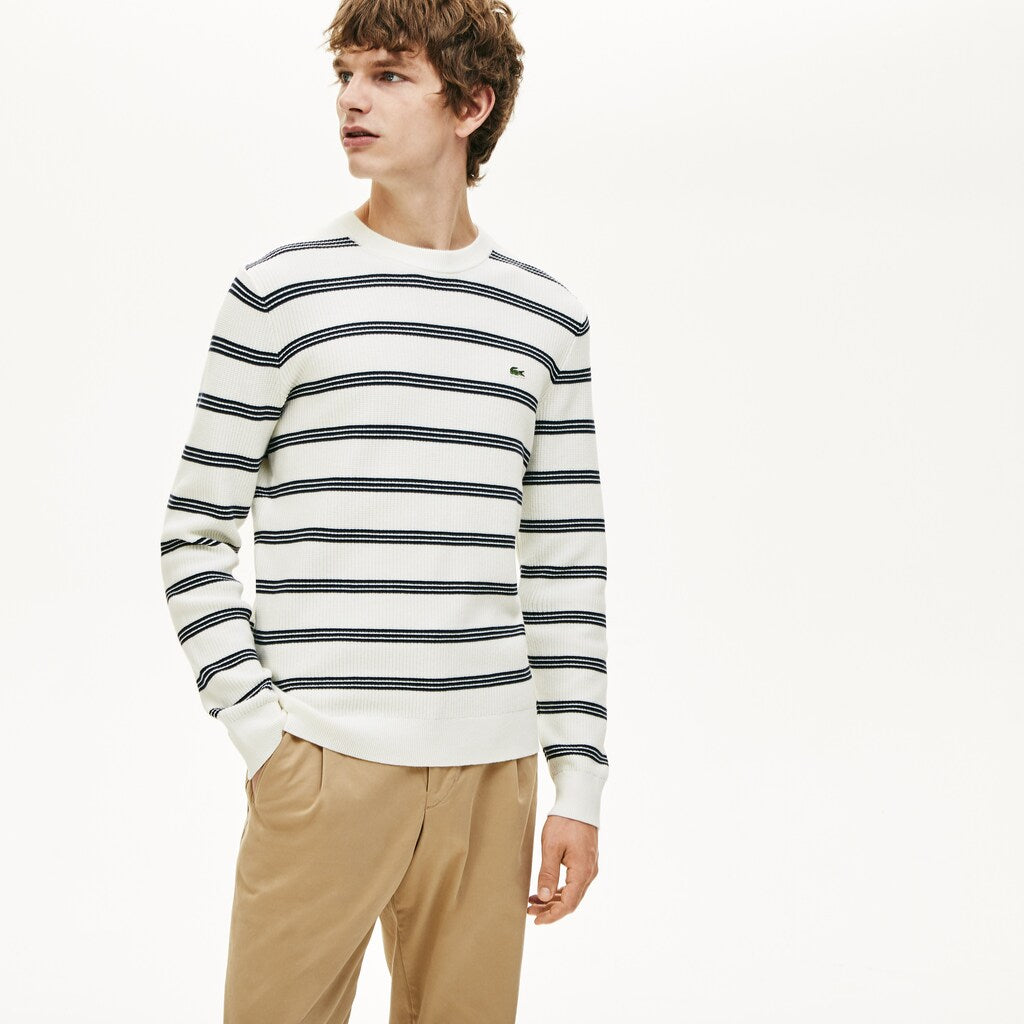 Crewneck Pinstriped Wool and Cotton Sweater | Lacoste Mens