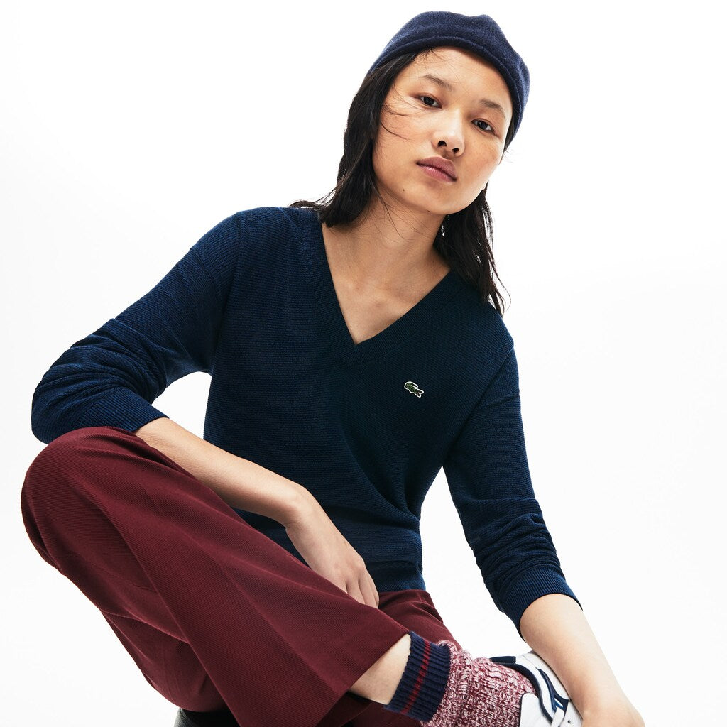 Wo  V-Neck Texturized Cotton Sweater | Lacoste Womens