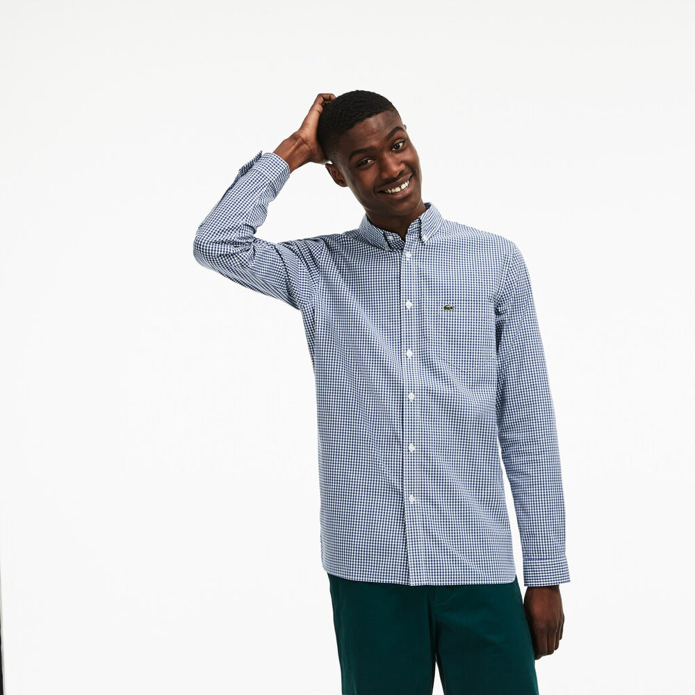 Slim Fit Gingham Stretch Cotton Poplin Shirt | Lacoste Mens