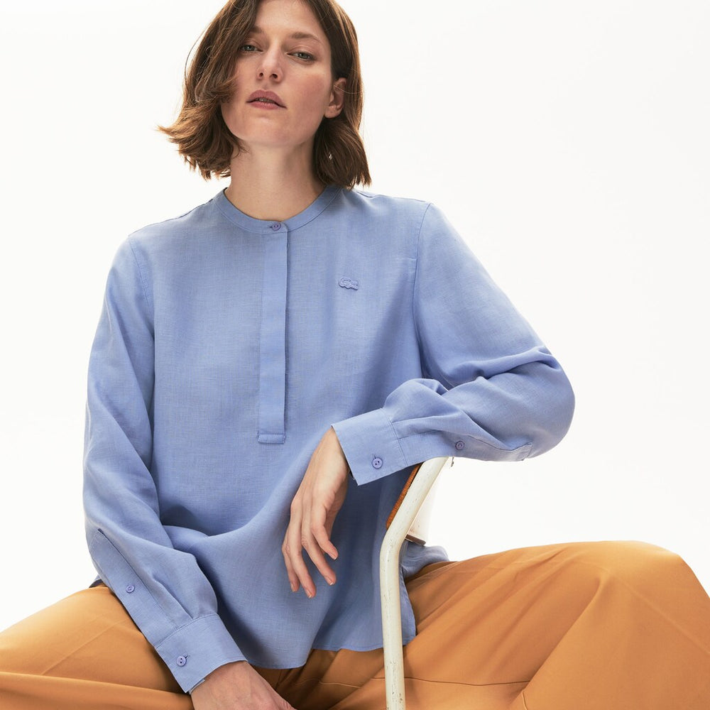 Wo  Buttoned Mao Collar Linen Blouse | Lacoste Womens