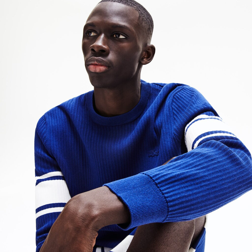 Striped Sleeves Cotton And Linen Blend Crew Neck Sweater | Lacoste Mens